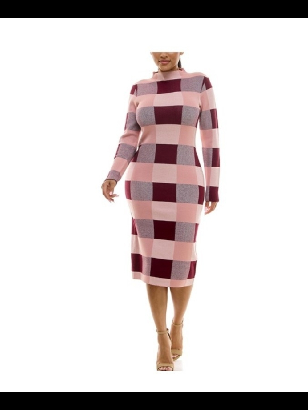 Pink & Burgundy Checkered Midi Sweater Dress